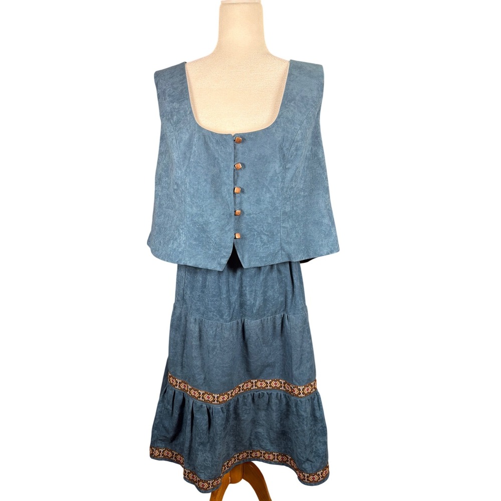 Cindy Bowen Vintage Teal Faux Suede 2 Piece Vest and Tiered Skirt Set Blue L